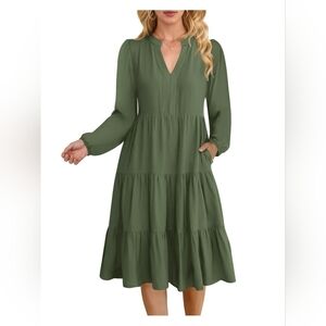 Long Sleeve V Neck Midi Dress Casual Loose Flowy W/ Pockets